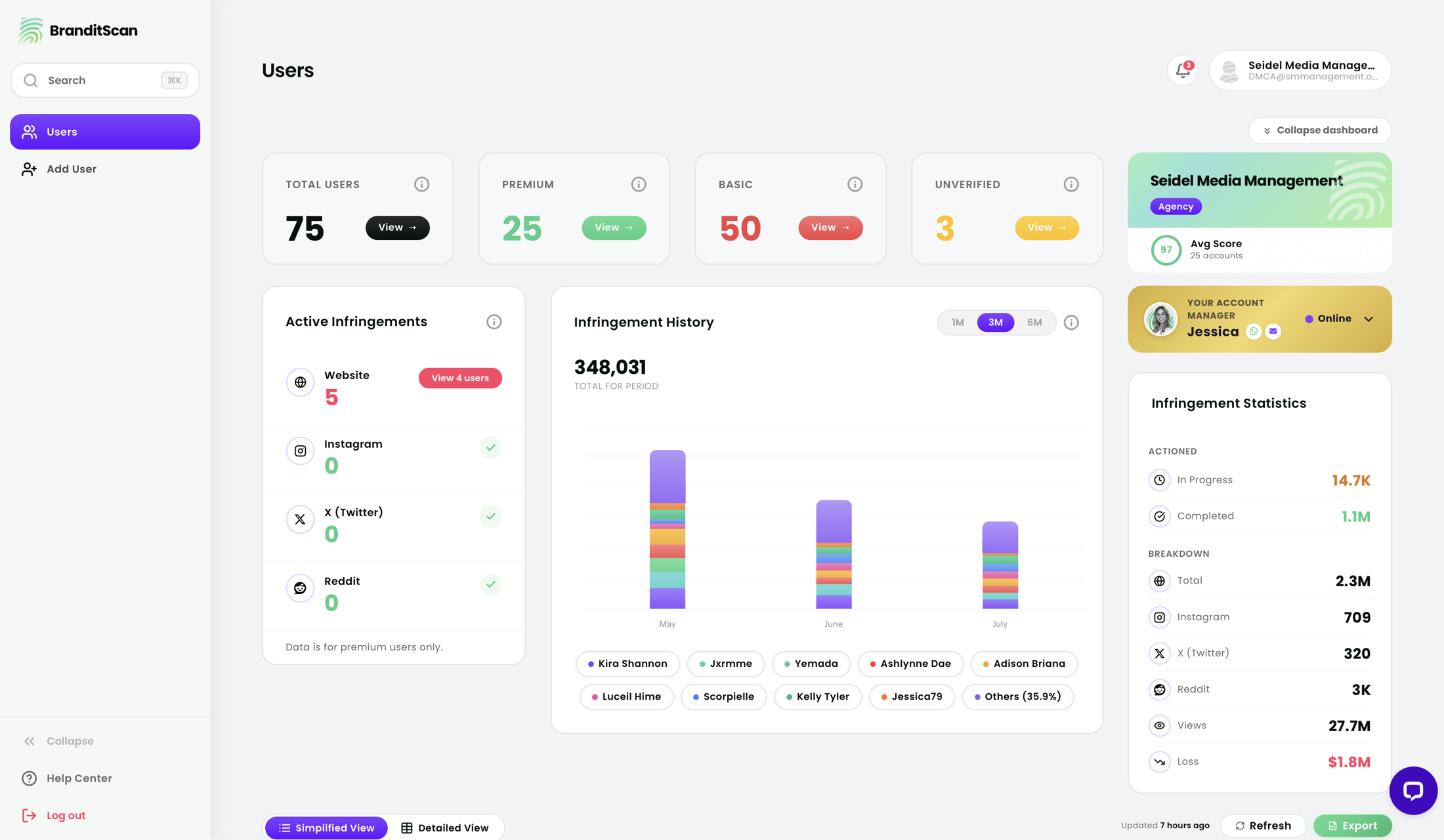 BranditScan Network Manager — network overview with user counts, active infringements and infringement history chart