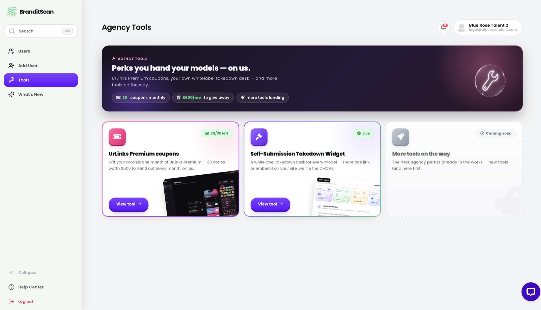 BranditScan Network Manager — Agency Tools page with UrLinks Premium coupons and the self-submission takedown widget