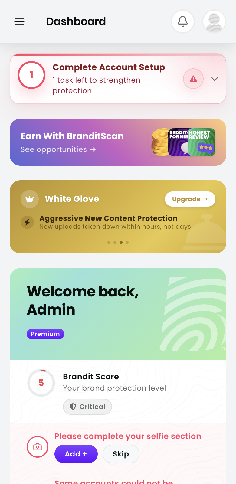 The BranditScan dashboard on mobile