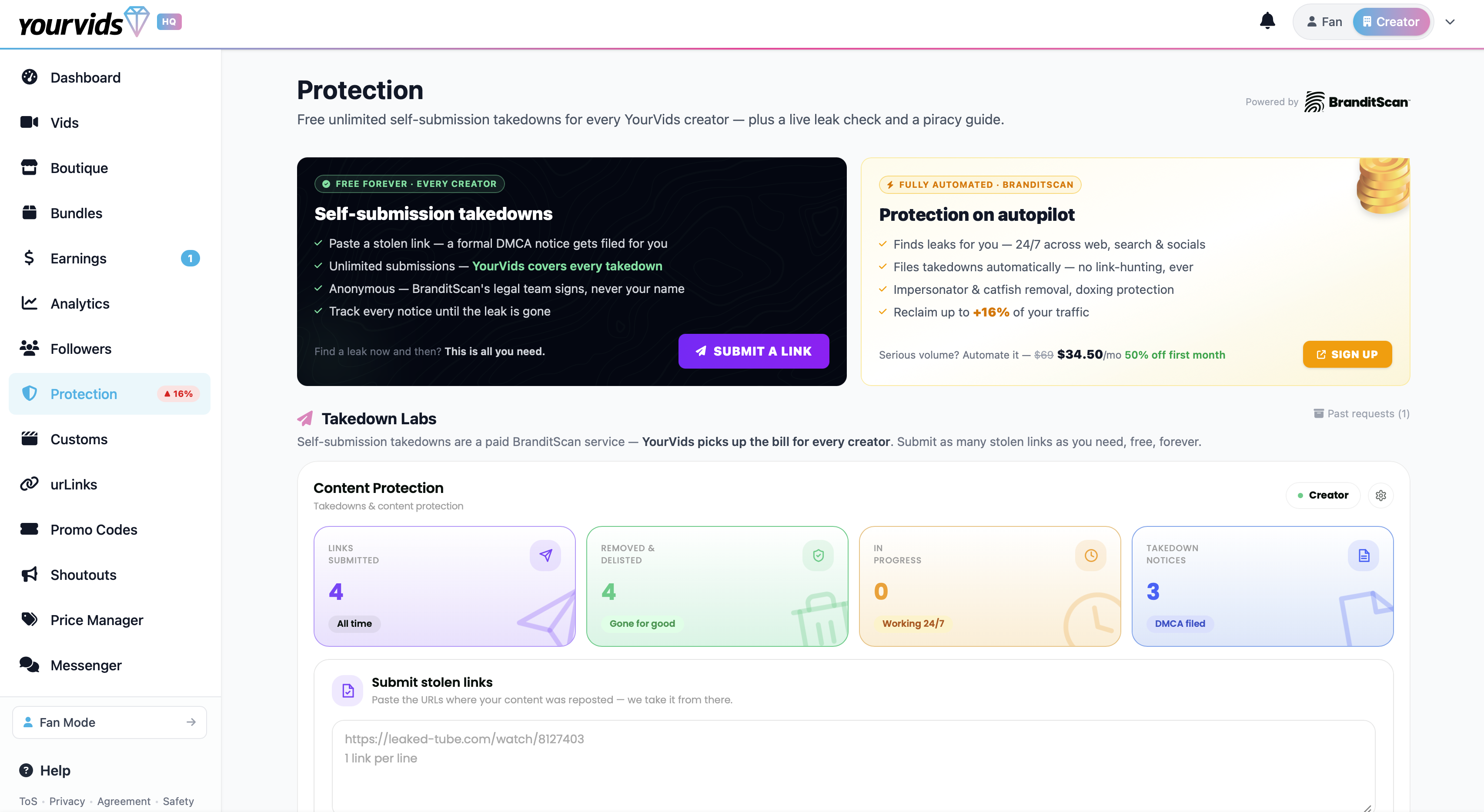 YourVids' live Protection page — the two cards side by side above the embedded widget