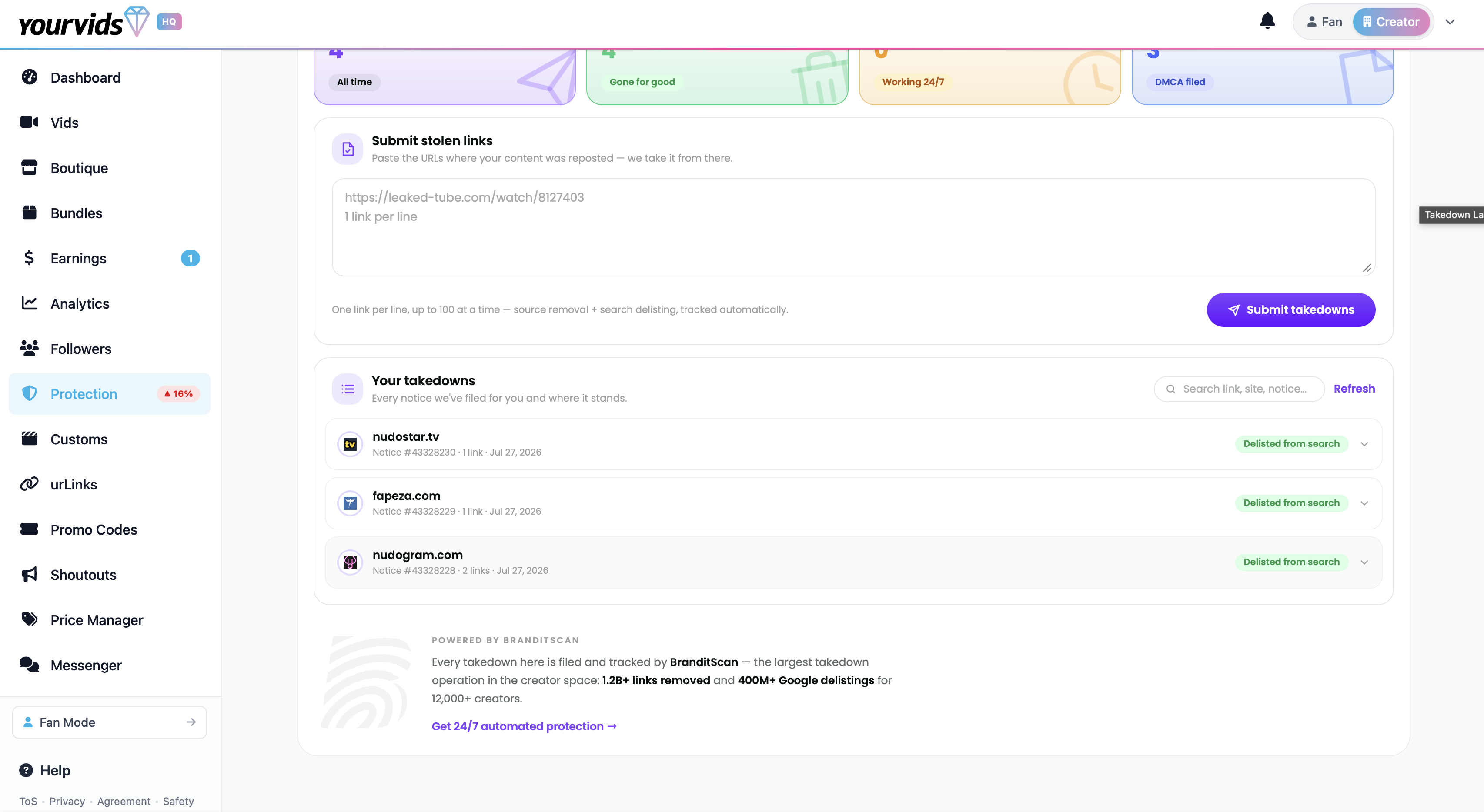 The Self Submissions widget on the same page — paste box and filed takedowns with live states