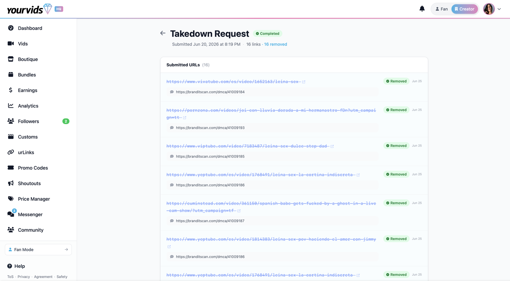 YourVids completed takedown request — each submitted URL marked Removed with its BranditScan DMCA reference