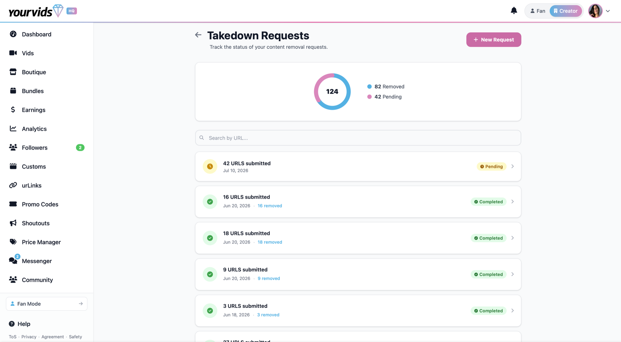 YourVids takedown requests list — removed and pending states per submission