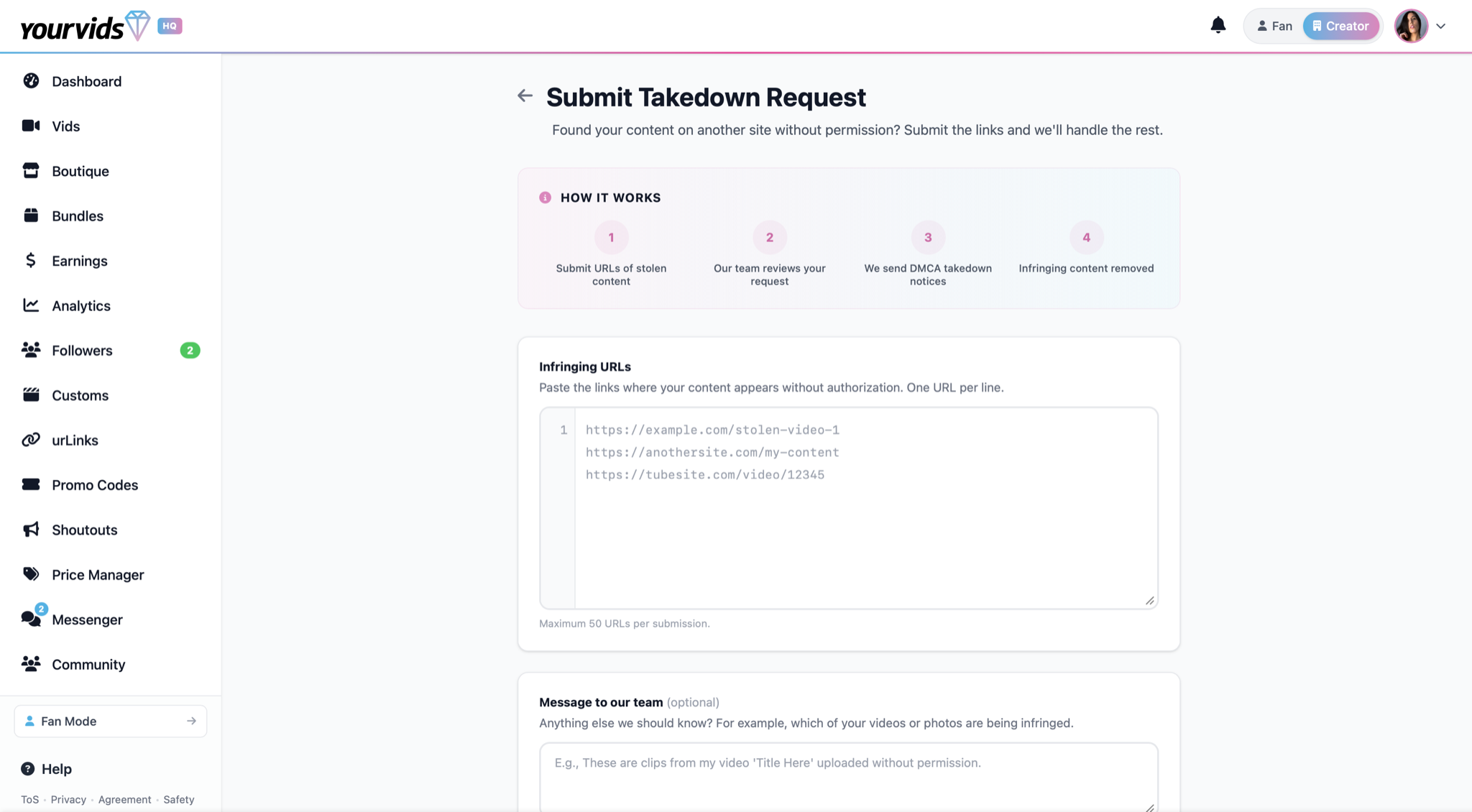 YourVids submit takedown request form — paste infringing URLs, one per line