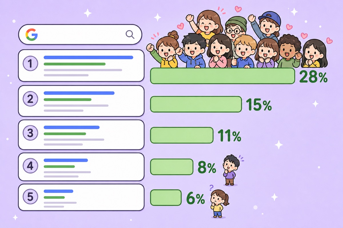The first Google result takes about 28% of clicks, the second 15%, the third 11%