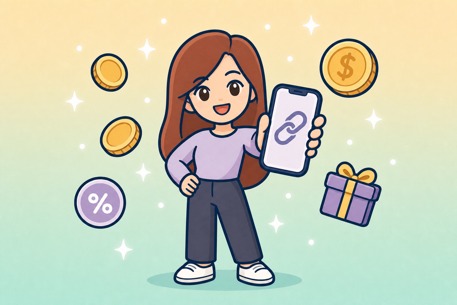 Creator sharing an affiliate link and earning commissions illustration