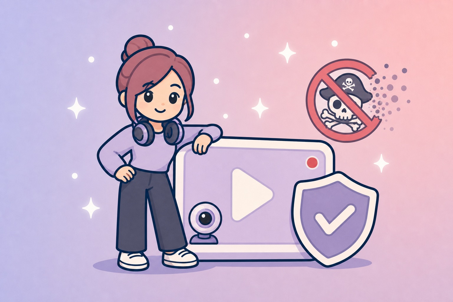 Streamer protecting a live stream from pirate re-uploads illustration
