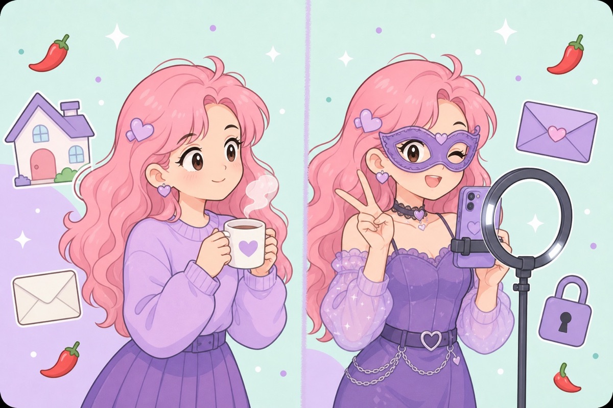 Illustration of a creator's anonymous persona and personal life kept in two fully separate worlds