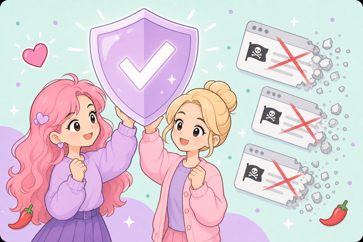 Illustration of two creators' joint content protected by a shield while pirate copies are struck through
