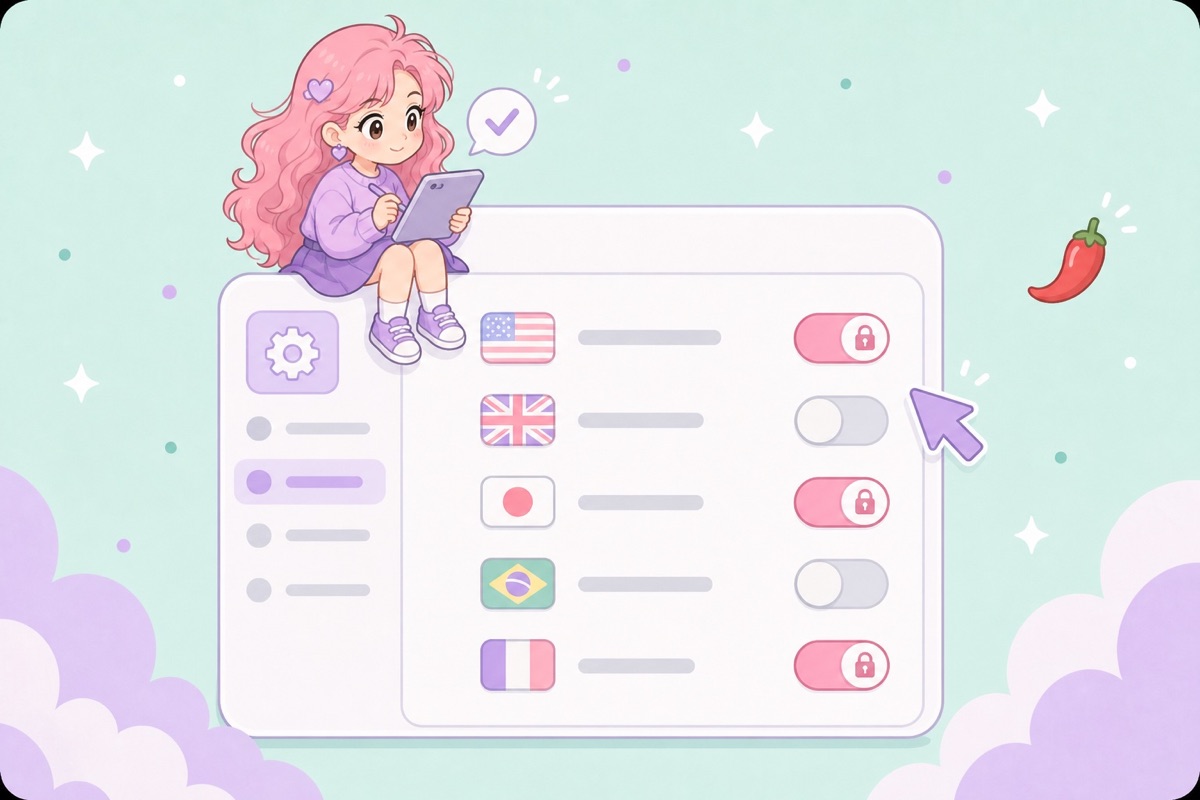 Illustration of a creator's privacy settings screen with countries being toggled off on a world map