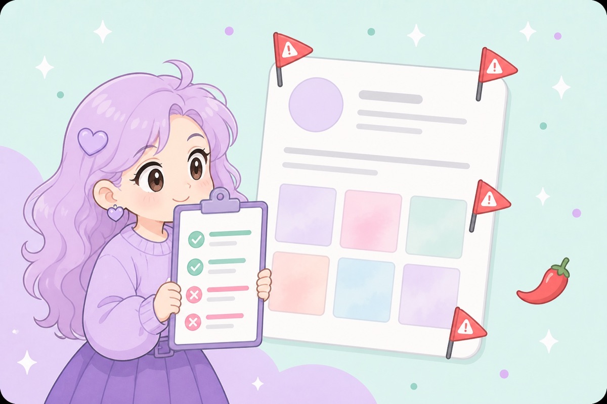 Illustration of a creator inspecting a suspicious profile with red warning flags