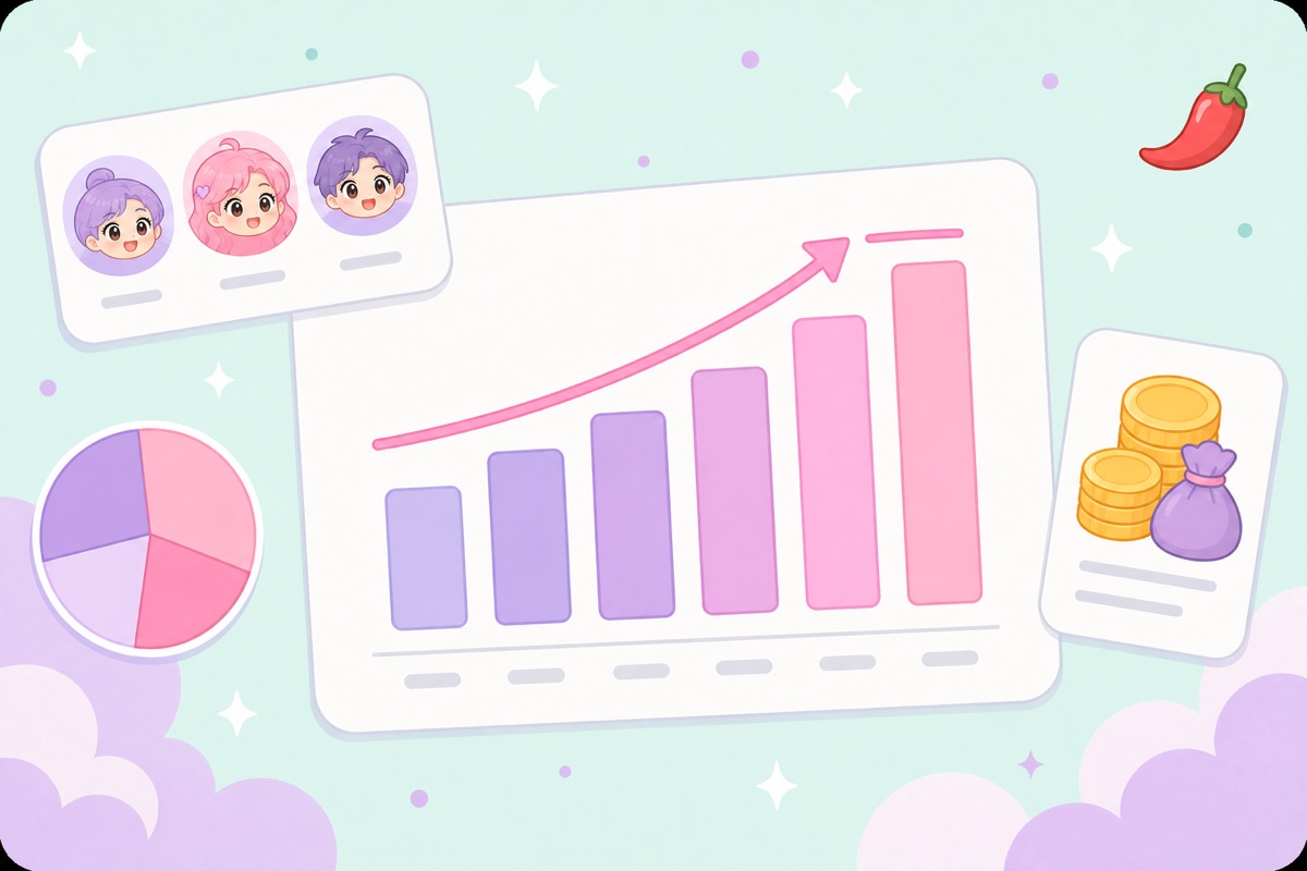 Illustration of OnlyFans growth statistics: rising charts of creators, users and revenue