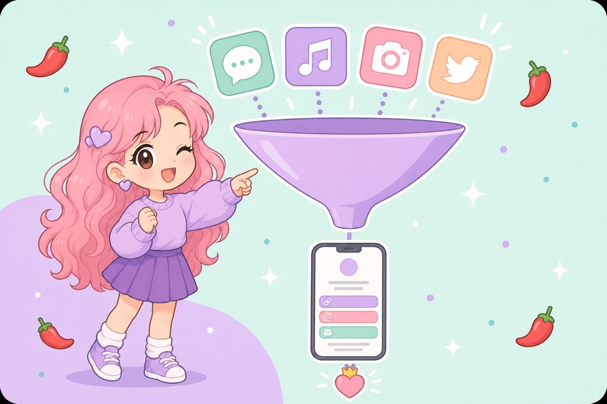 Illustration of the creator traffic funnel: Reddit, TikTok, Instagram, and X posts funneling into one link-in-bio page and then a subscription