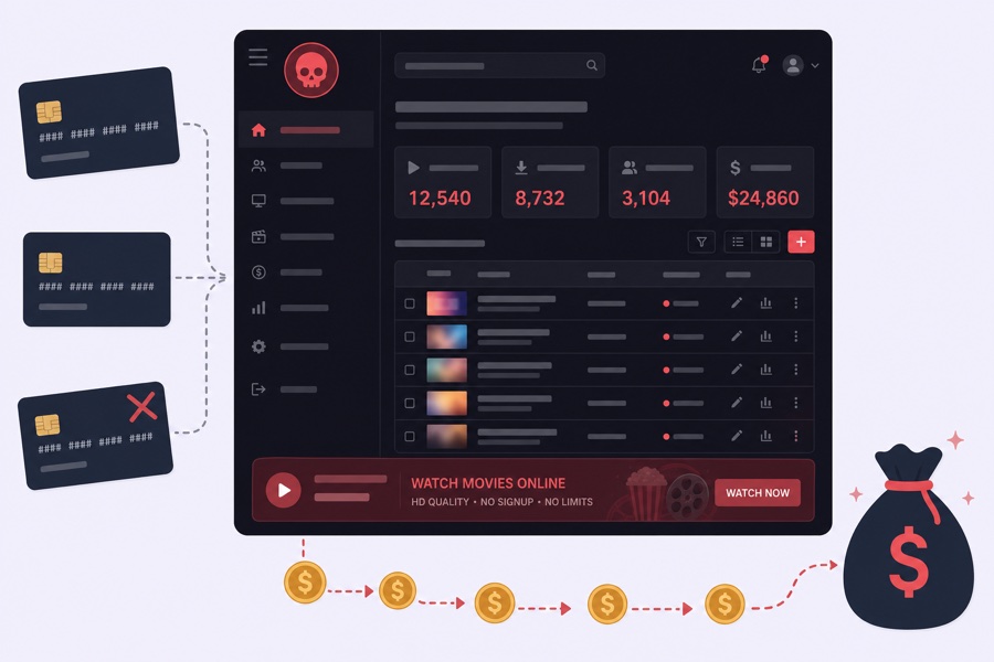 An organized piracy network monetizing stolen content through ad-loaded leak sites